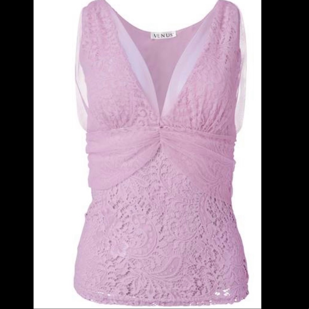 Venus. Women’s size medium. Lilac Mesh Overlay Lace Top.
